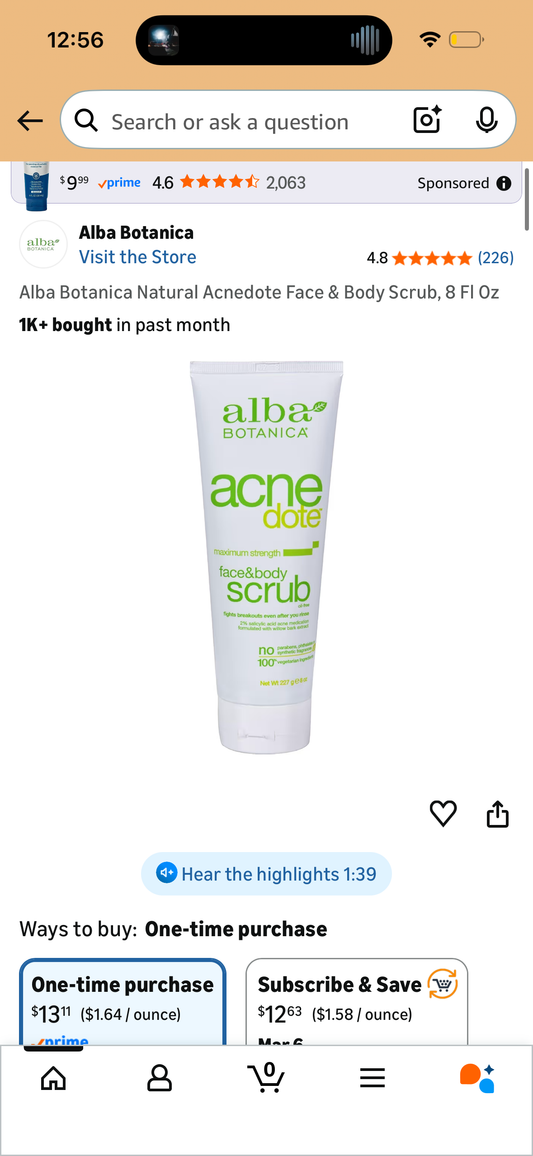 Alba Botanica Natural Acnedote Face & Body Scrub, 8 Fl Oz