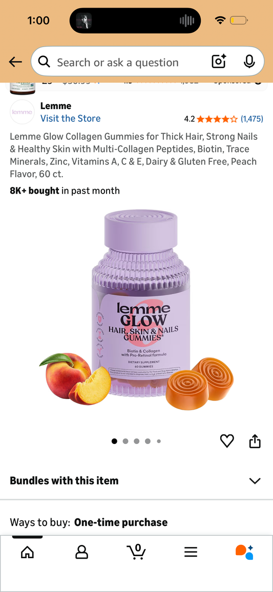Lemme Glow Collagen Gummies for Thick Hair, Strong Nails & Healthy Skin with Multi-Collagen Peptides, Biotin, Trace Minerals, Zinc, Vitamins A, C & E, Dairy & Gluten Free, Peach Flavor, 60 ct.