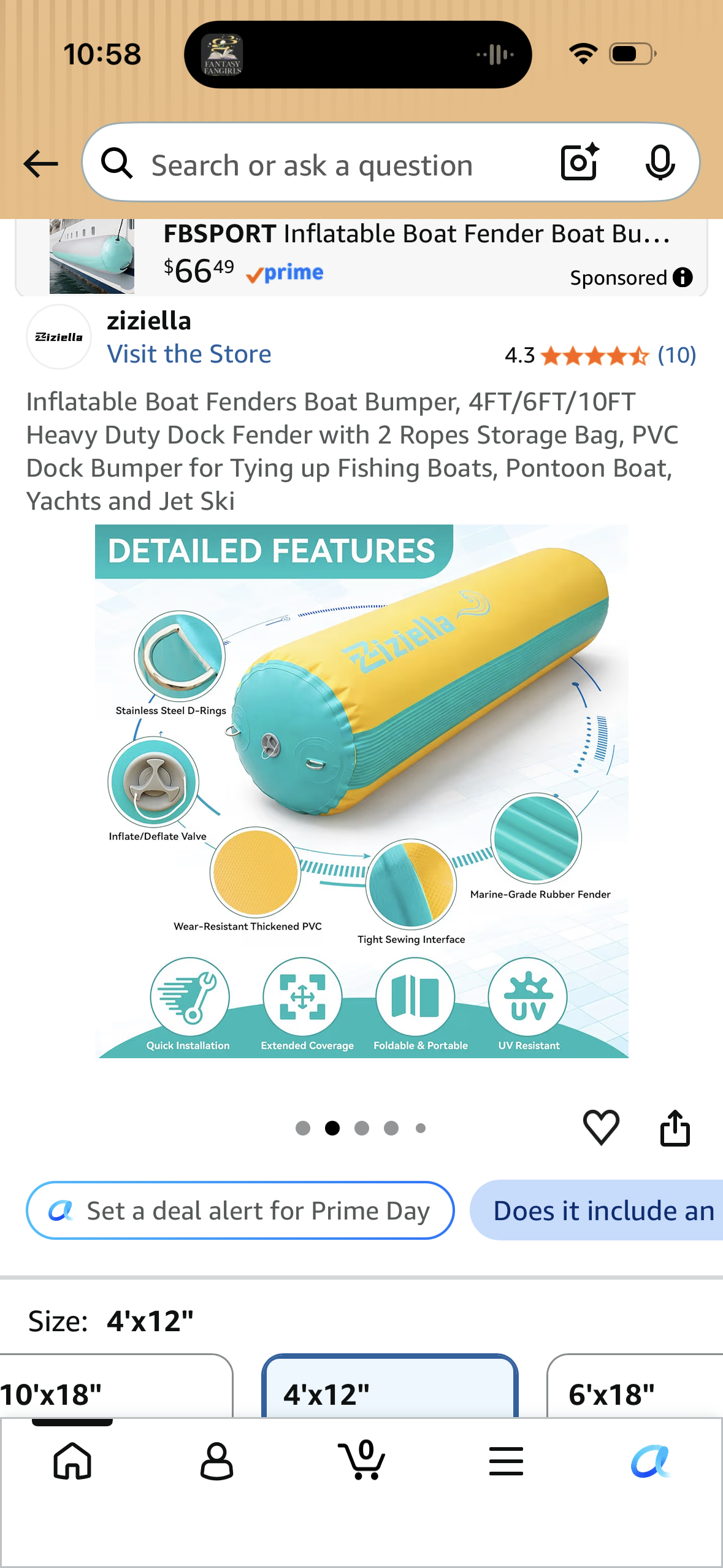 Inflatable Boat Fenders Boat Bumper, 4FTx12” Heavy Duty Dock Fender with 2 Ropes Storage Bag, PVC Dock Bumper for Tying up Fishing Boats, Pontoon Boat, Yachts and Jet Ski