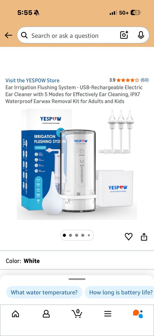 Ear Irrigation Flushing System - USB-Rechargeable Electric Ear Cleaner with 5 Modes for Effectively Ear Cleaning, IPX7 Waterproof Earwax Removal Kit for Adults and Kids