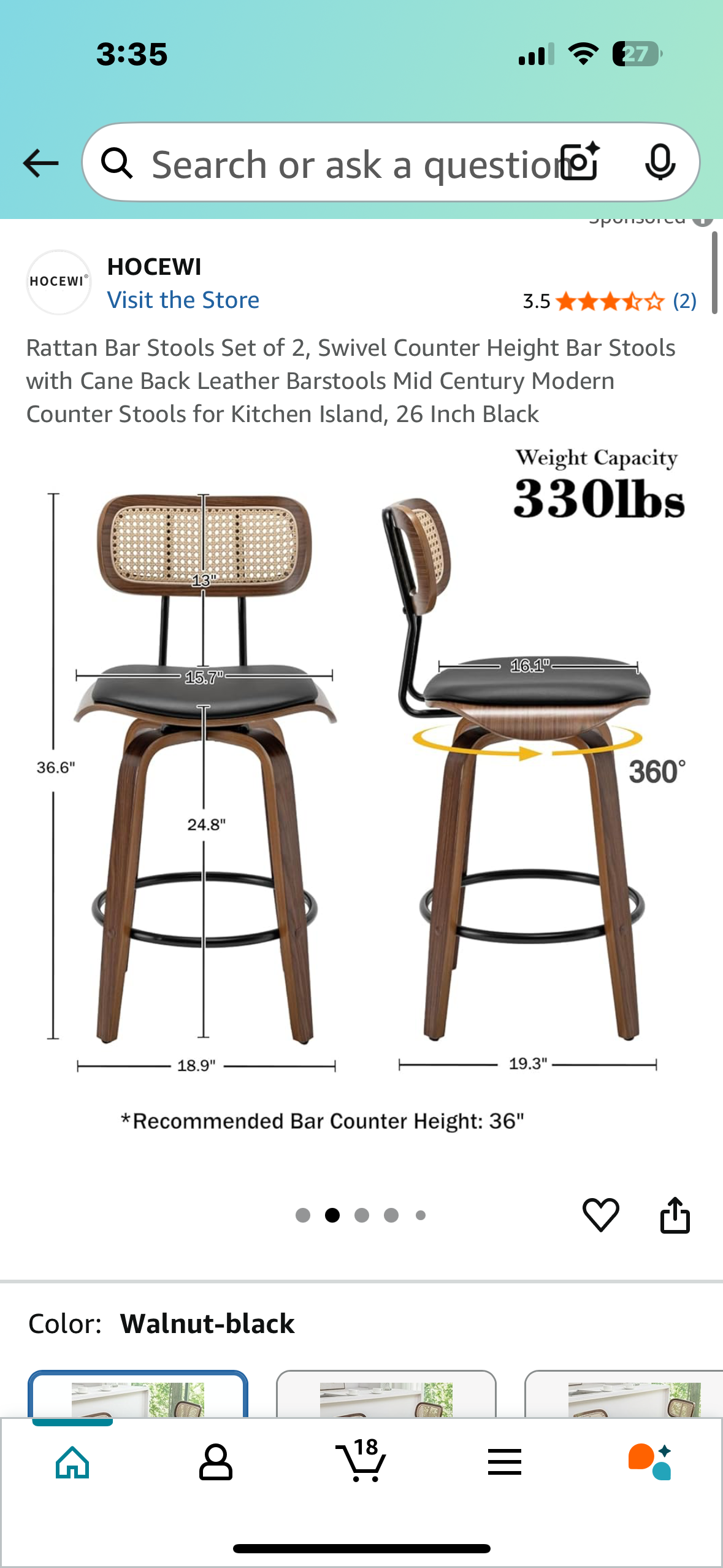 Rattan Bar Stools Set of 2, Swivel Counter Height Bar Stools with Cane Back Leather Barstools Mid Century Modern Counter Stools for Kitchen Island, 26 Inch Black (L950)