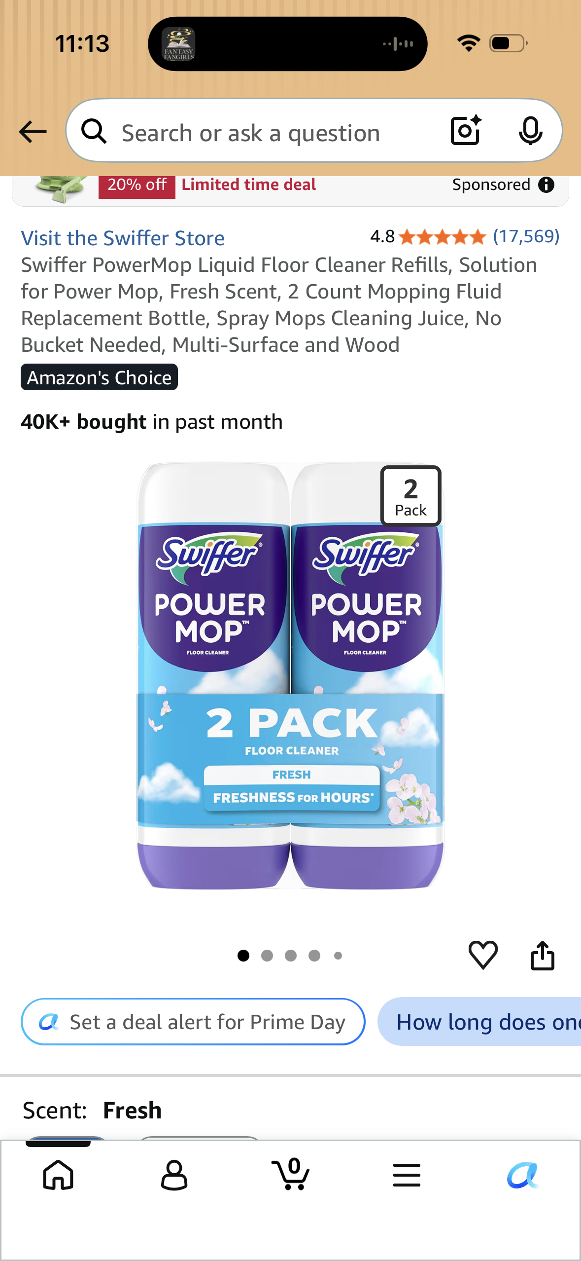 Swiffer PowerMop Liquid Floor Cleaner Refills, Solution for Power Mop, Fresh Scent, 2 Count Mopping Fluid Replacement Bottle, Spray Mops Cleaning Juice, No Bucket Needed, Multi-Surface and Wood