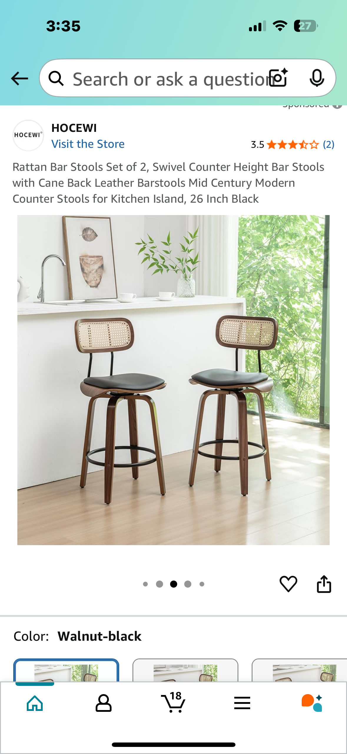 Rattan Bar Stools Set of 2, Swivel Counter Height Bar Stools with Cane Back Leather Barstools Mid Century Modern Counter Stools for Kitchen Island, 26 Inch Black (L950)