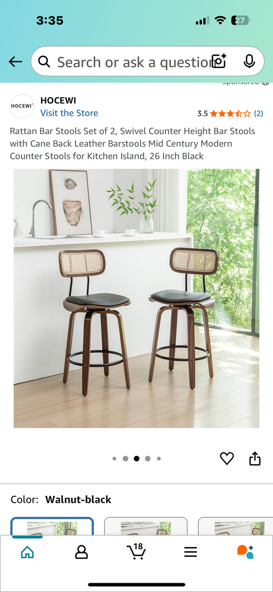Rattan Bar Stools Set of 2, Swivel Counter Height Bar Stools with Cane Back Leather Barstools Mid Century Modern Counter Stools for Kitchen Island, 26 Inch Black (L950)