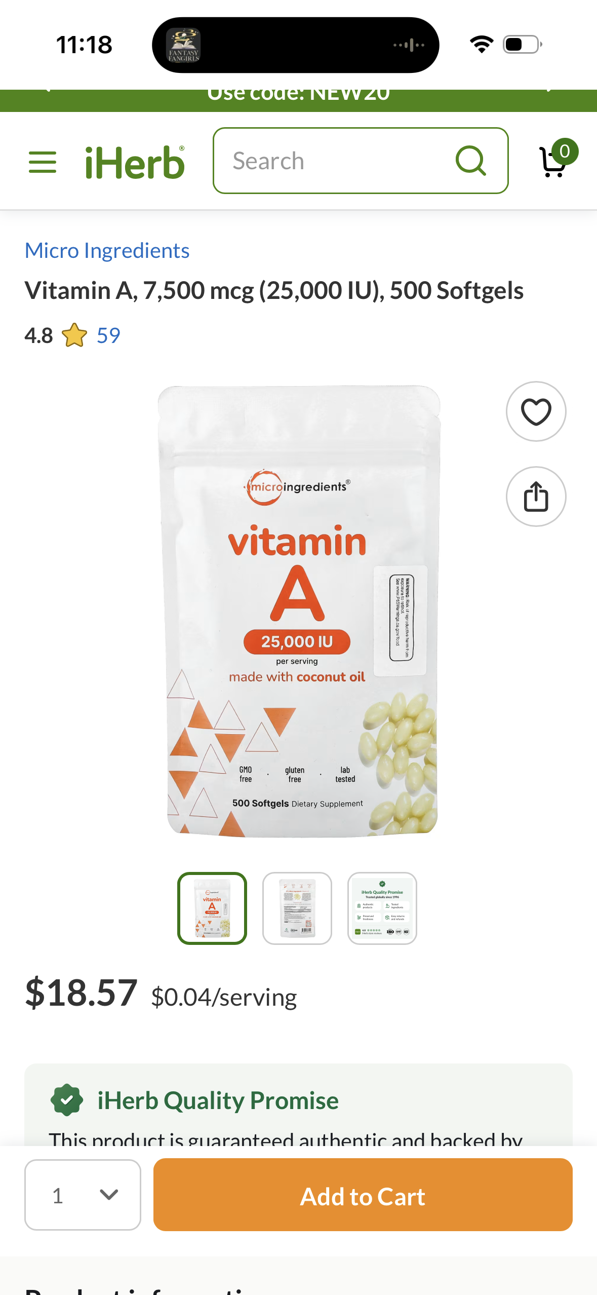 Vitamin A, 7,500 mcg (25,000 IU), 500 Softgels