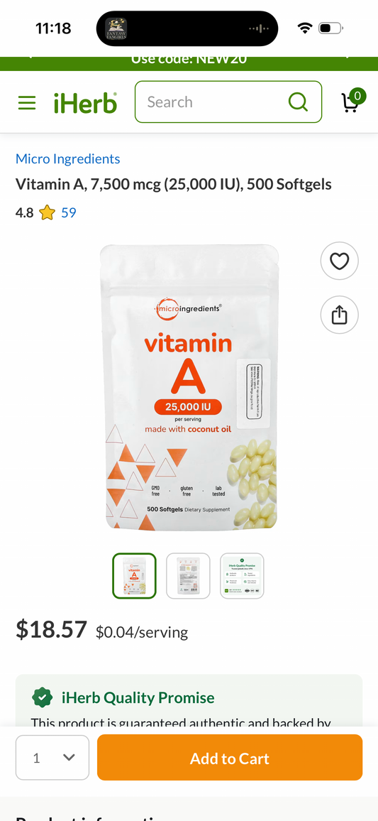 Vitamin A, 7,500 mcg (25,000 IU), 500 Softgels