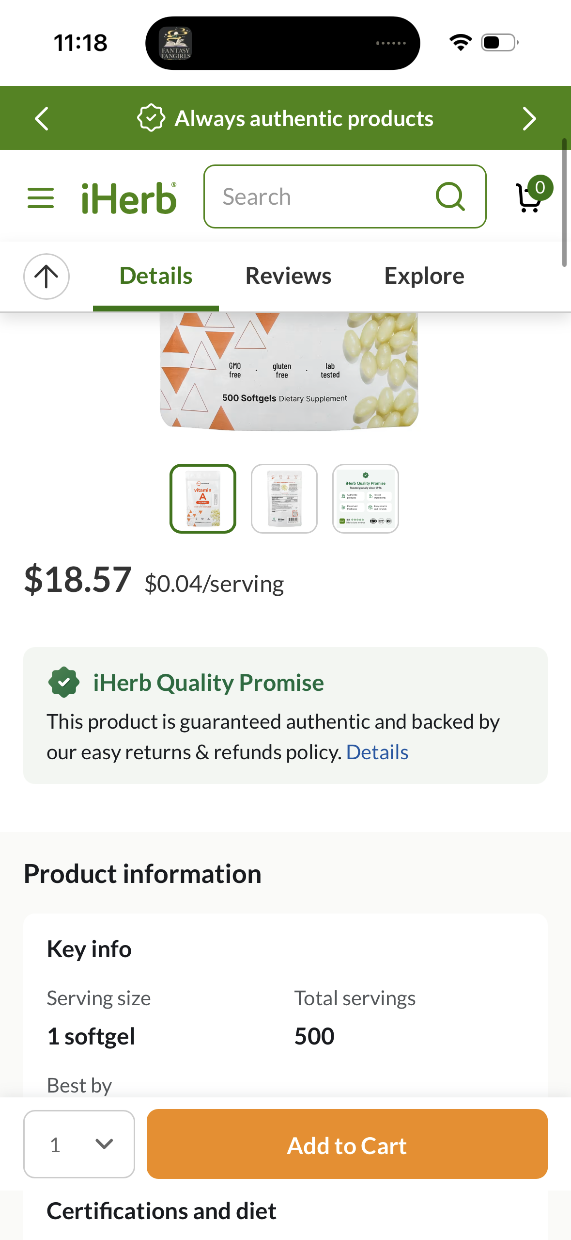 Vitamin A, 7,500 mcg (25,000 IU), 500 Softgels