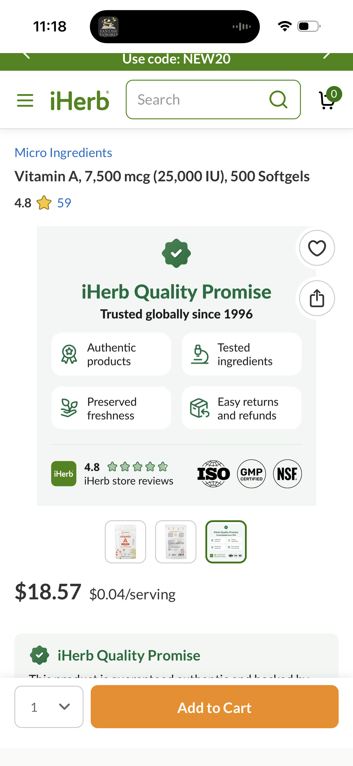 Vitamin A, 7,500 mcg (25,000 IU), 500 Softgels