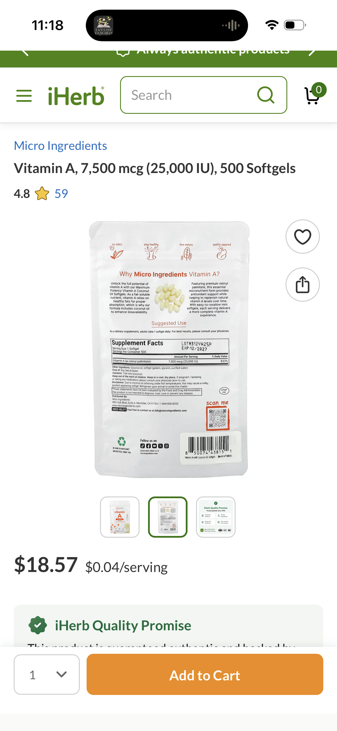 Vitamin A, 7,500 mcg (25,000 IU), 500 Softgels