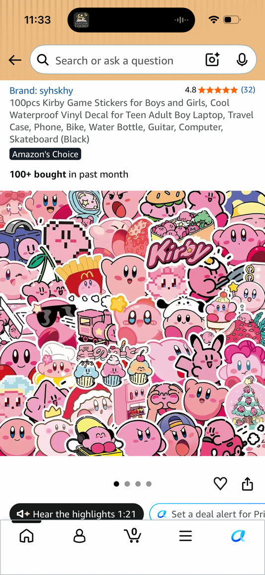 100pcs Kirby Game Stickers for Boys and Girls, Cool Waterproof Vinyl Decal for Teen Adult Boy Laptop, Travel Case, Phone, Bike, Water Bottle, Guitar, Computer, Skateboard (Black)