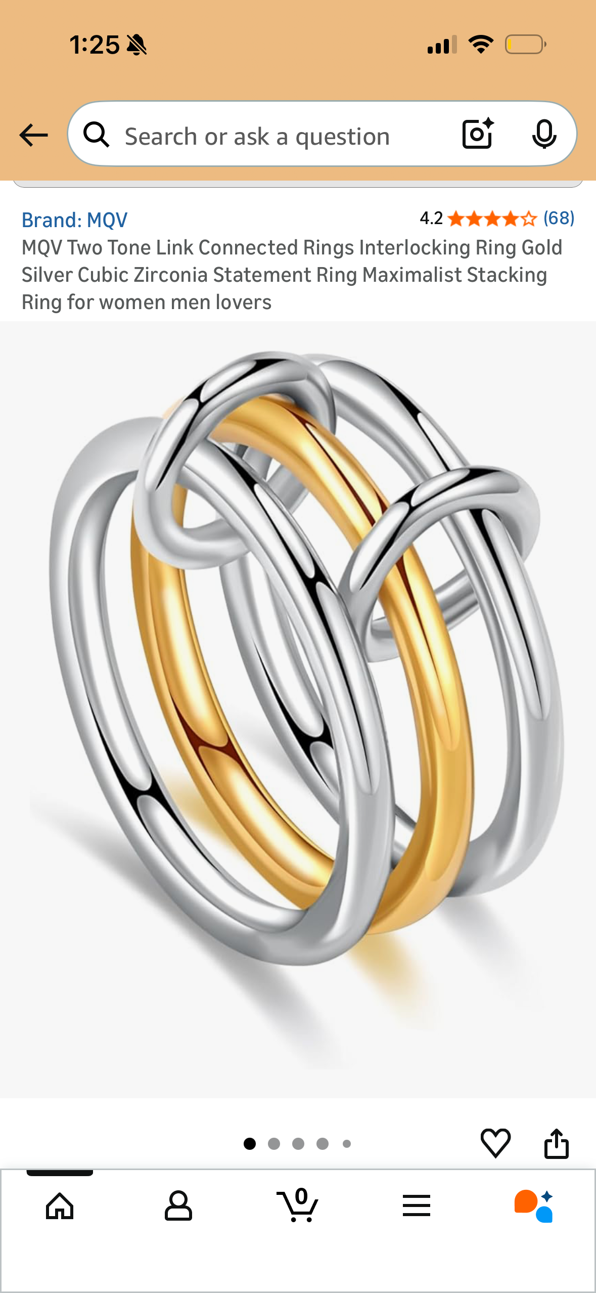 MQV Two Tone Link Connected Rings Interlocking Ring Gold Silver Cubic Zirconia Statement Ring Maximalist Stacking Ring (Size 8)