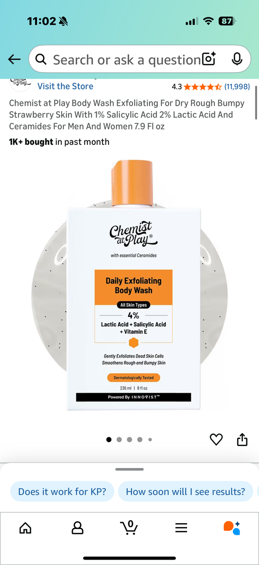 Chemist at Play Body Wash Exfoliating For Dry Rough Bumpy Strawberry Skin With 1% Salicylic Acid 2% Lactic Acid And Ceramides For Men And Women 7.9 Fl oz