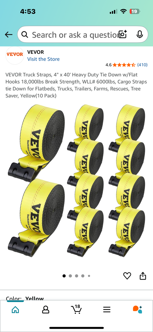 VEVOR Truck Straps, 4" x 40' Heavy Duty Tie Down w/Flat Hooks, 18,000lbs Break Strength, for Flatbeds, Trucks,Trailers, Farms, Rescues, Tree Saver, Yellow(10 Pack) (G809)