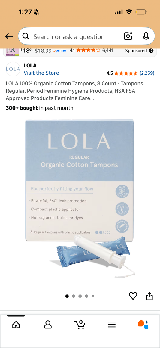 LOLA 100% Organic Cotton Tampons, 8 Count - Tampons Regular, Period Feminine Hygiene Products, HSA FSA Approved Products Feminine Care Regular