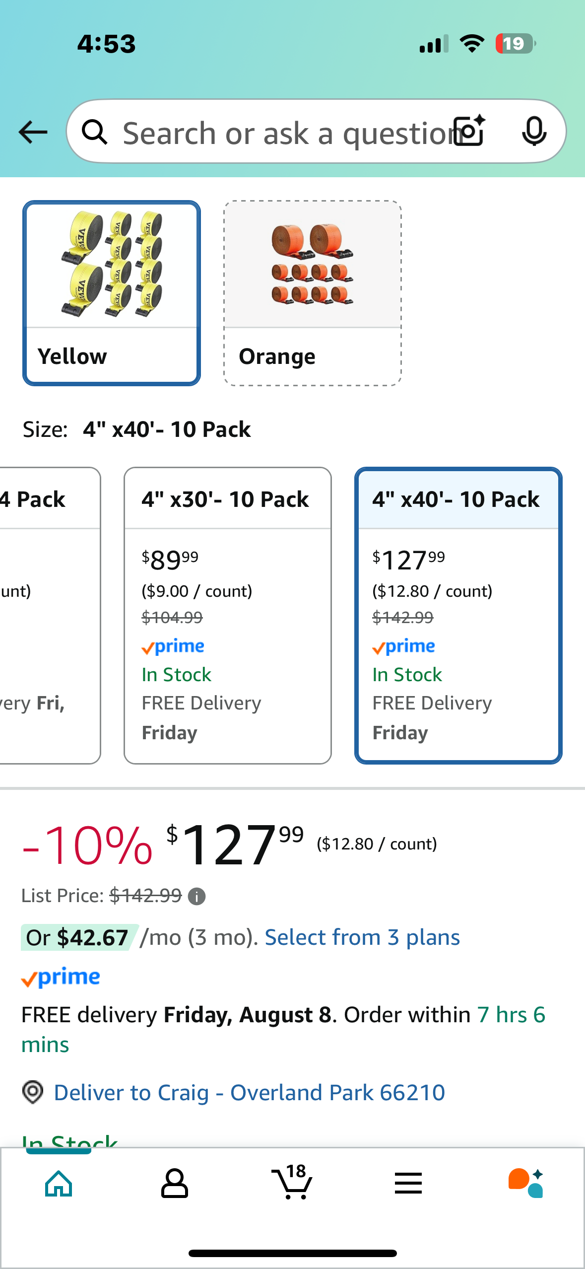 VEVOR Truck Straps, 4" x 40' Heavy Duty Tie Down w/Flat Hooks, 18,000lbs Break Strength, for Flatbeds, Trucks,Trailers, Farms, Rescues, Tree Saver, Yellow(10 Pack) (G809)