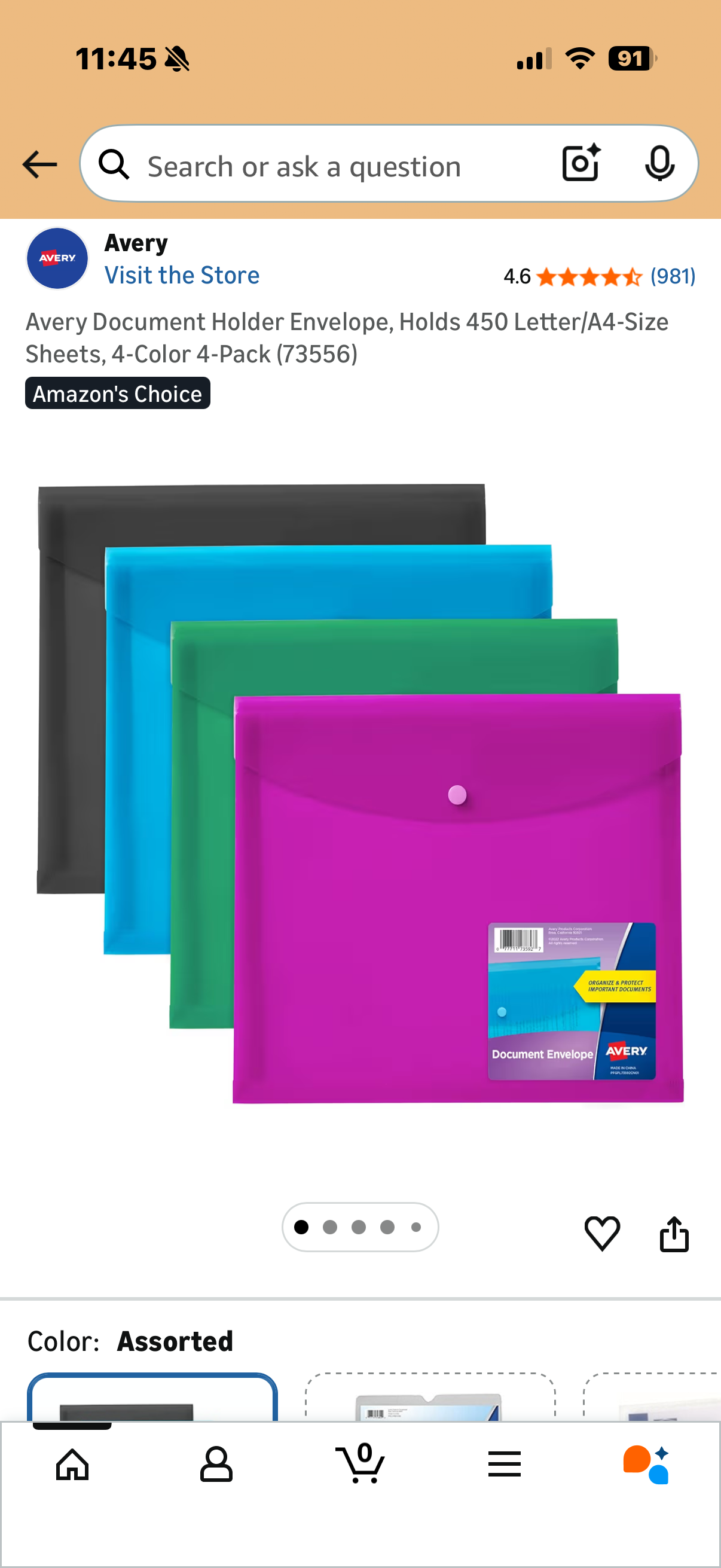 Avery Document Holder Envelope, Holds 450 Letter/A4-Size Sheets, 4-Color 4-Pack