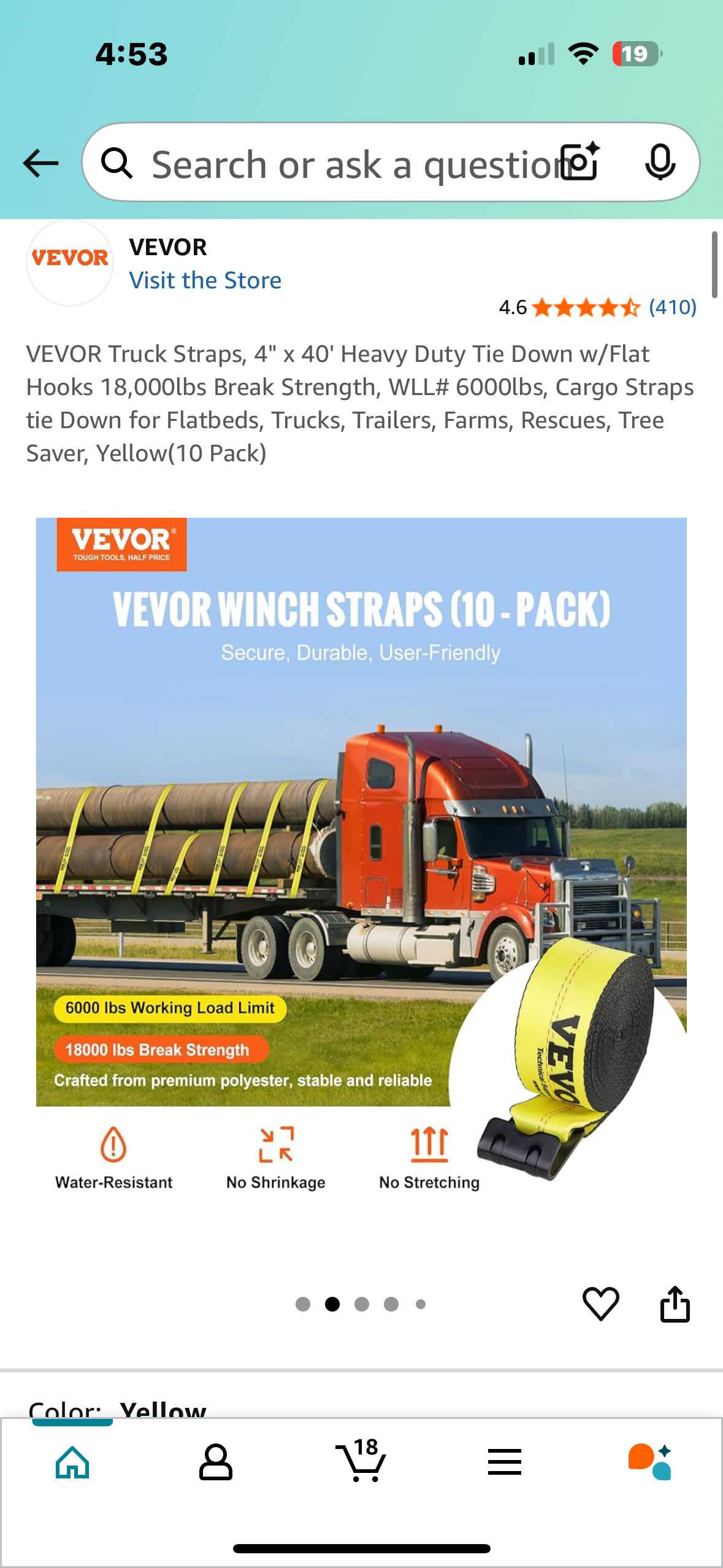 VEVOR Truck Straps, 4" x 40' Heavy Duty Tie Down w/Flat Hooks, 18,000lbs Break Strength, for Flatbeds, Trucks,Trailers, Farms, Rescues, Tree Saver, Yellow(10 Pack) (G809)