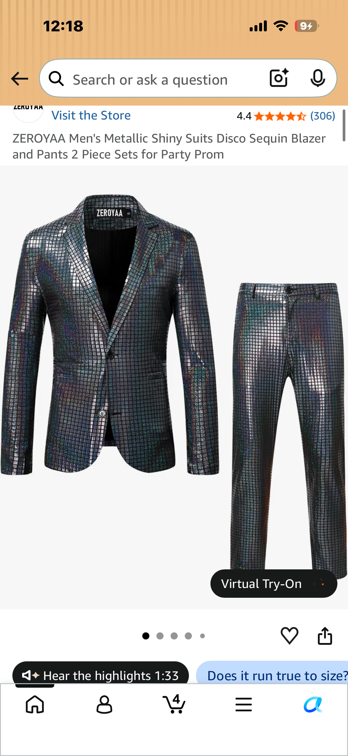 Metallic Shiny Suit, Disco Sequin Blazer and Pants, 2 Piece Set for 70’s Party (Size 2XL)