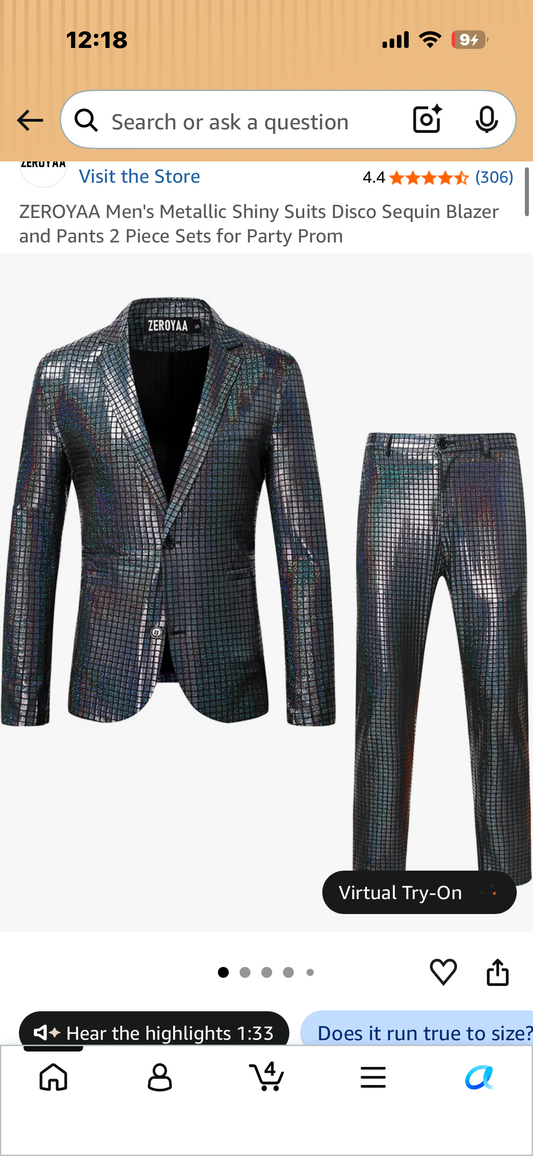 Metallic Shiny Suit, Disco Sequin Blazer and Pants, 2 Piece Set for 70’s Party (Size 2XL)