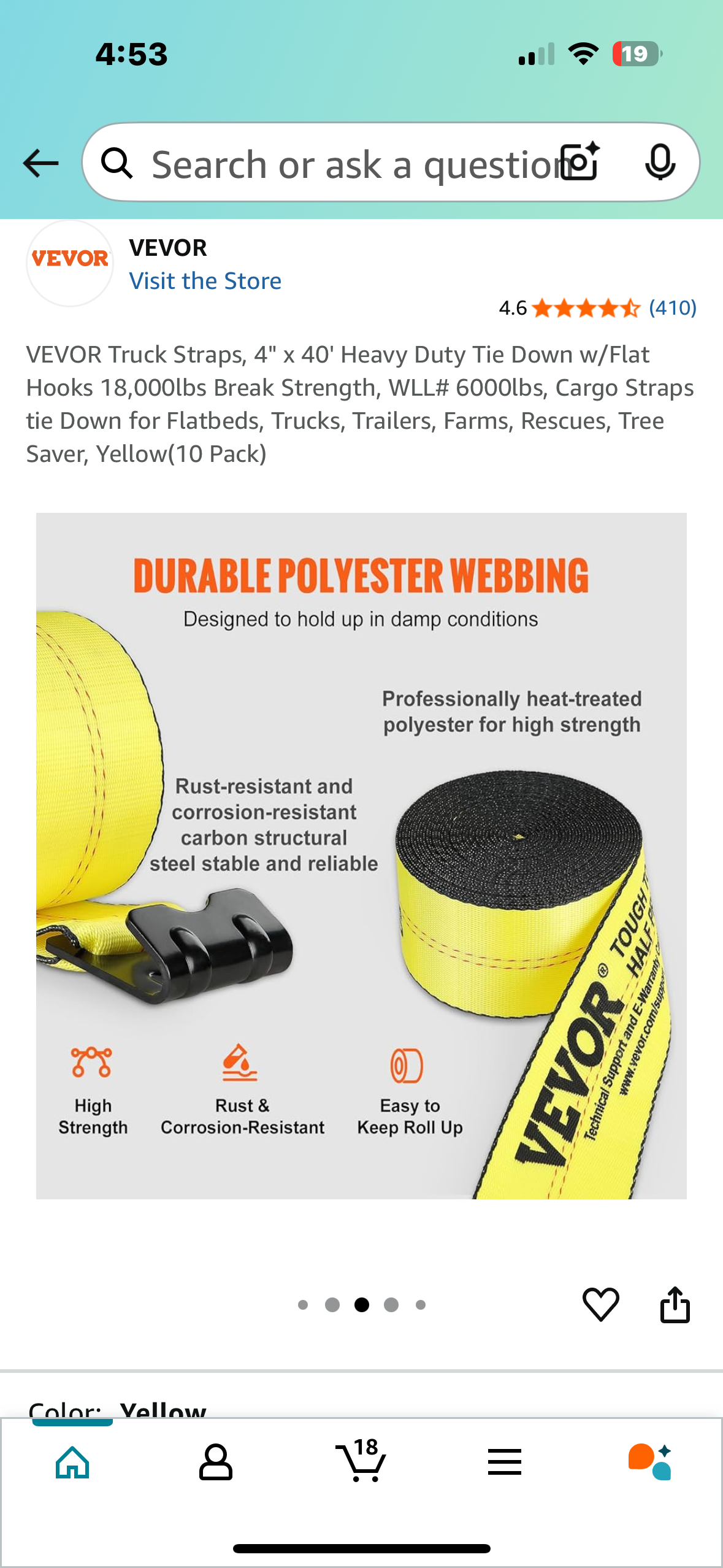 VEVOR Truck Straps, 4" x 40' Heavy Duty Tie Down w/Flat Hooks, 18,000lbs Break Strength, for Flatbeds, Trucks,Trailers, Farms, Rescues, Tree Saver, Yellow(10 Pack) (G809)