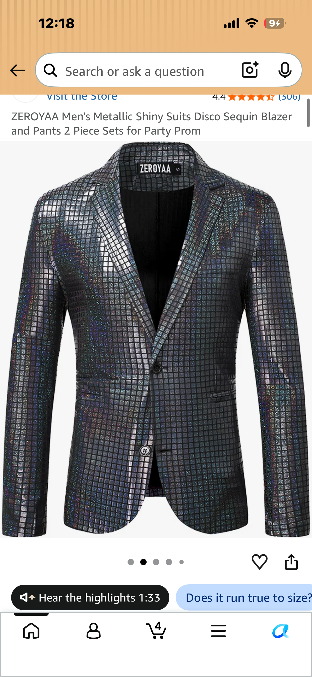 Metallic Shiny Suit, Disco Sequin Blazer and Pants, 2 Piece Set for 70’s Party (Size 2XL)