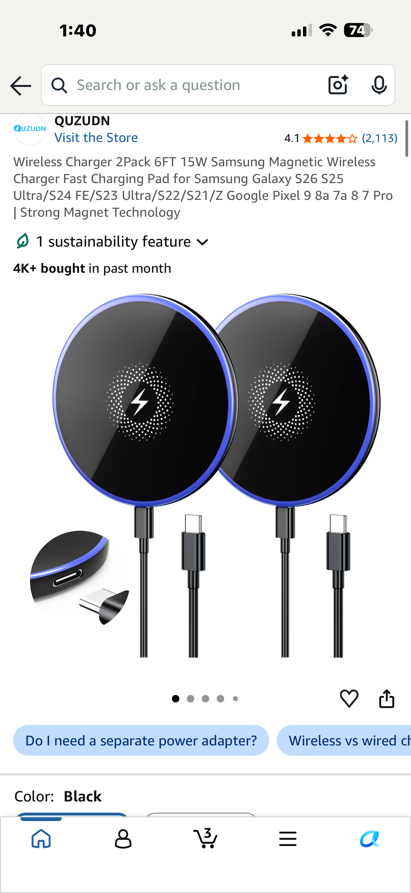 (TWO PACKAGES - Total of 4 Chargers) Wireless Charger 2-Pack 6FT 15W
