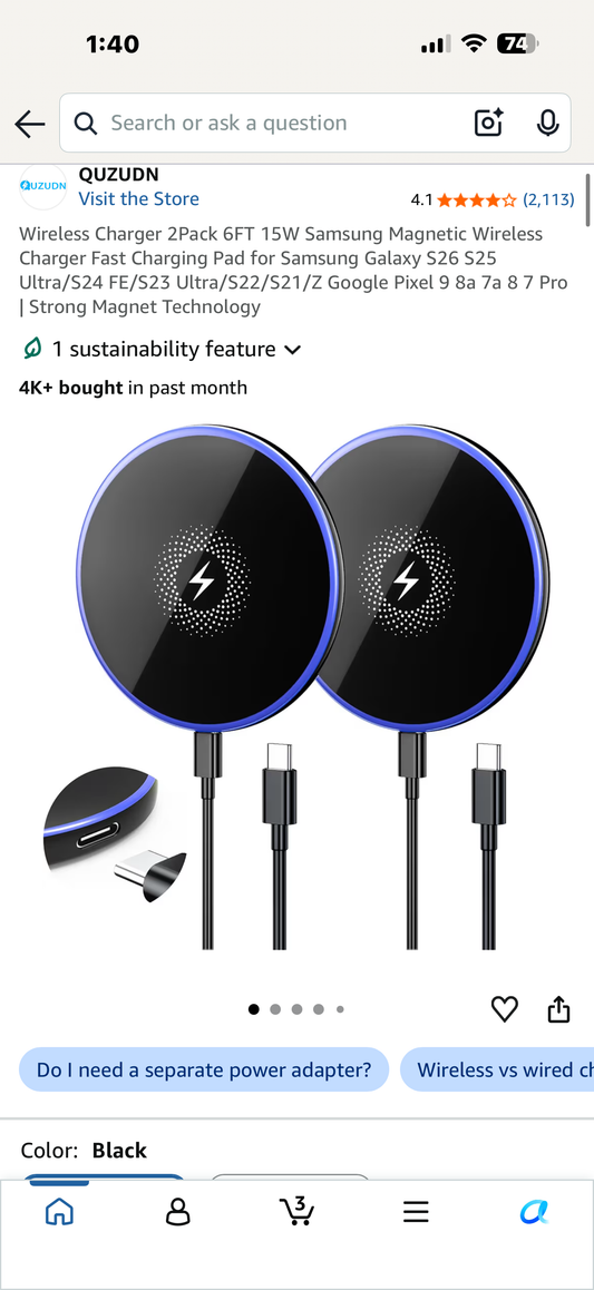 (TWO PACKAGES - Total of 4 Chargers) Wireless Charger 2-Pack 6FT 15W