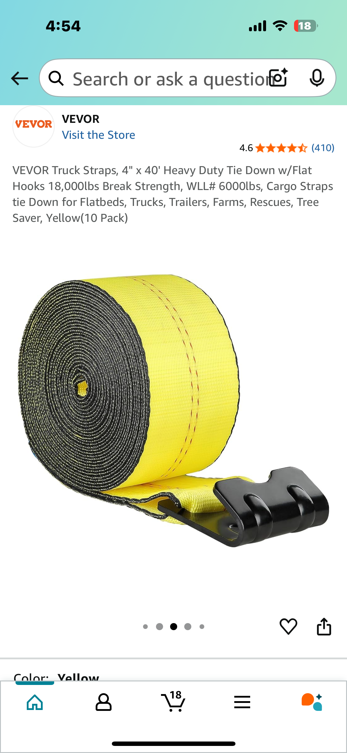 VEVOR Truck Straps, 4" x 40' Heavy Duty Tie Down w/Flat Hooks, 18,000lbs Break Strength, for Flatbeds, Trucks,Trailers, Farms, Rescues, Tree Saver, Yellow(10 Pack) (G809)