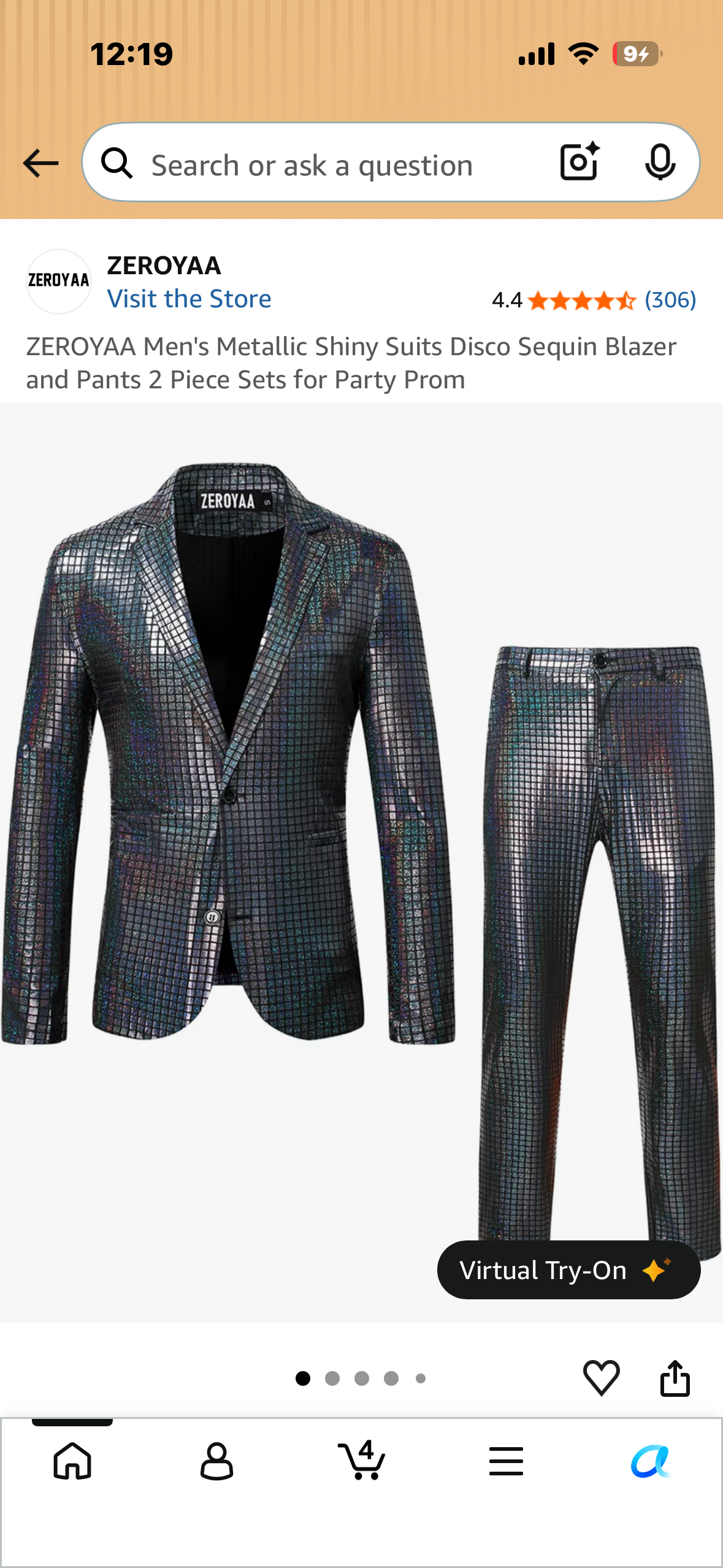 Metallic Shiny Suit, Disco Sequin Blazer and Pants, 2 Piece Set for 70’s Party (Size 2XL)