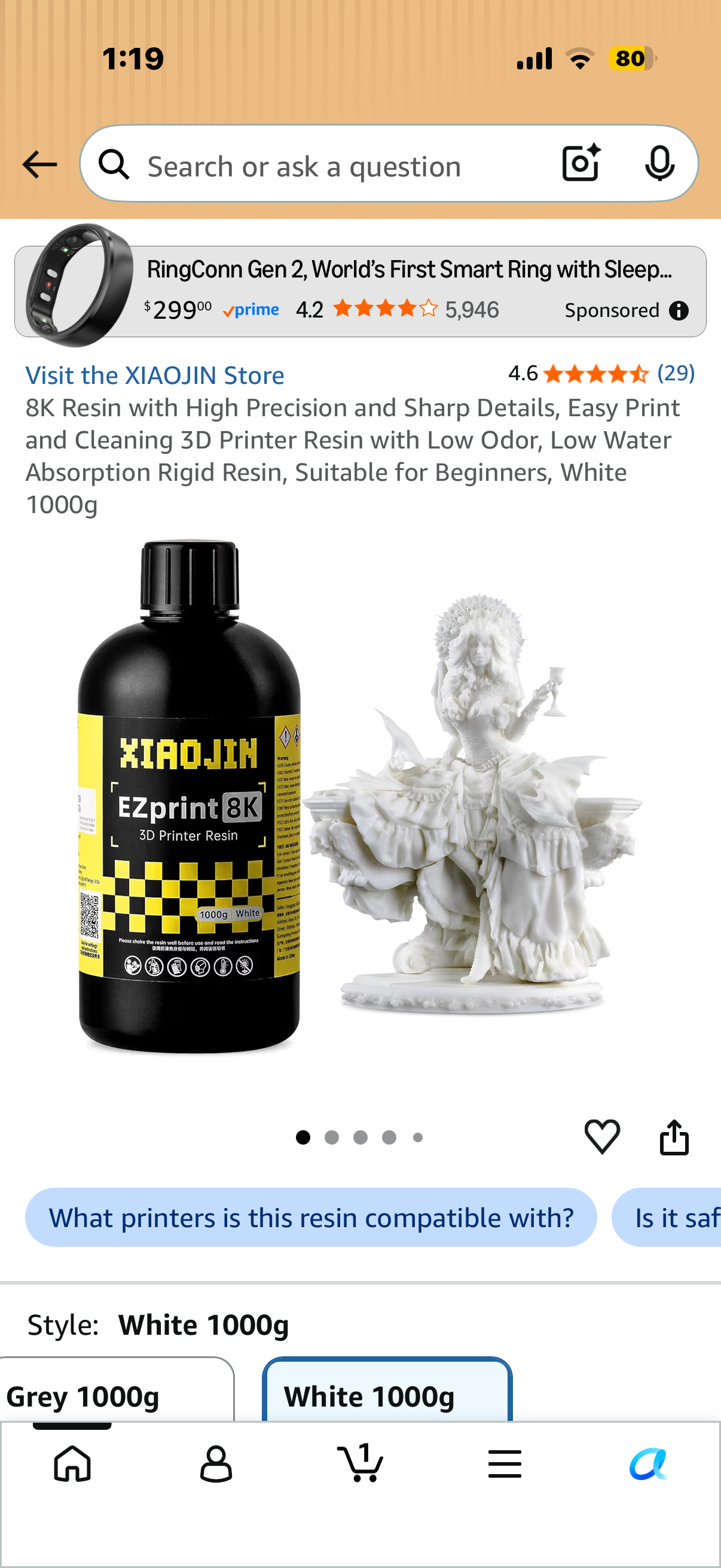 8K Resin with High Precision and Sharp Details, Easy Print and Cleaning 3D Printer Resin with Low Odor, Low Water Absorption Rigid Resin, Suitable for Beginners, White 1000g