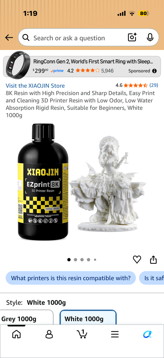 8K Resin with High Precision and Sharp Details, Easy Print and Cleaning 3D Printer Resin with Low Odor, Low Water Absorption Rigid Resin, Suitable for Beginners, White 1000g