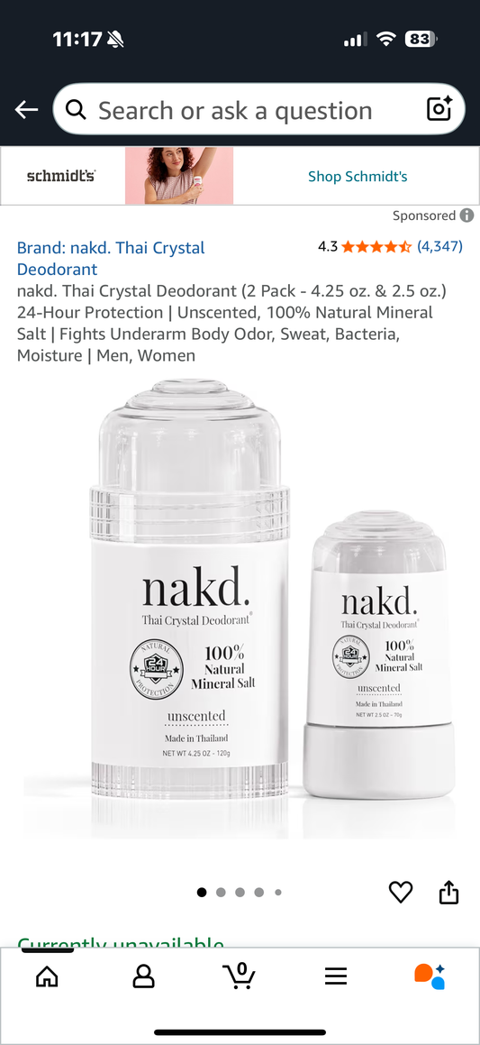 nakd. Thai Crystal Deodorant (2 Pack - 4.25 oz. & 2.5 oz.) 24-Hour Protection | Unscented, 100% Natural Mineral Salt | Fights Underarm Body Odor, Sweat, Bacteria, Moisture | Men, Women