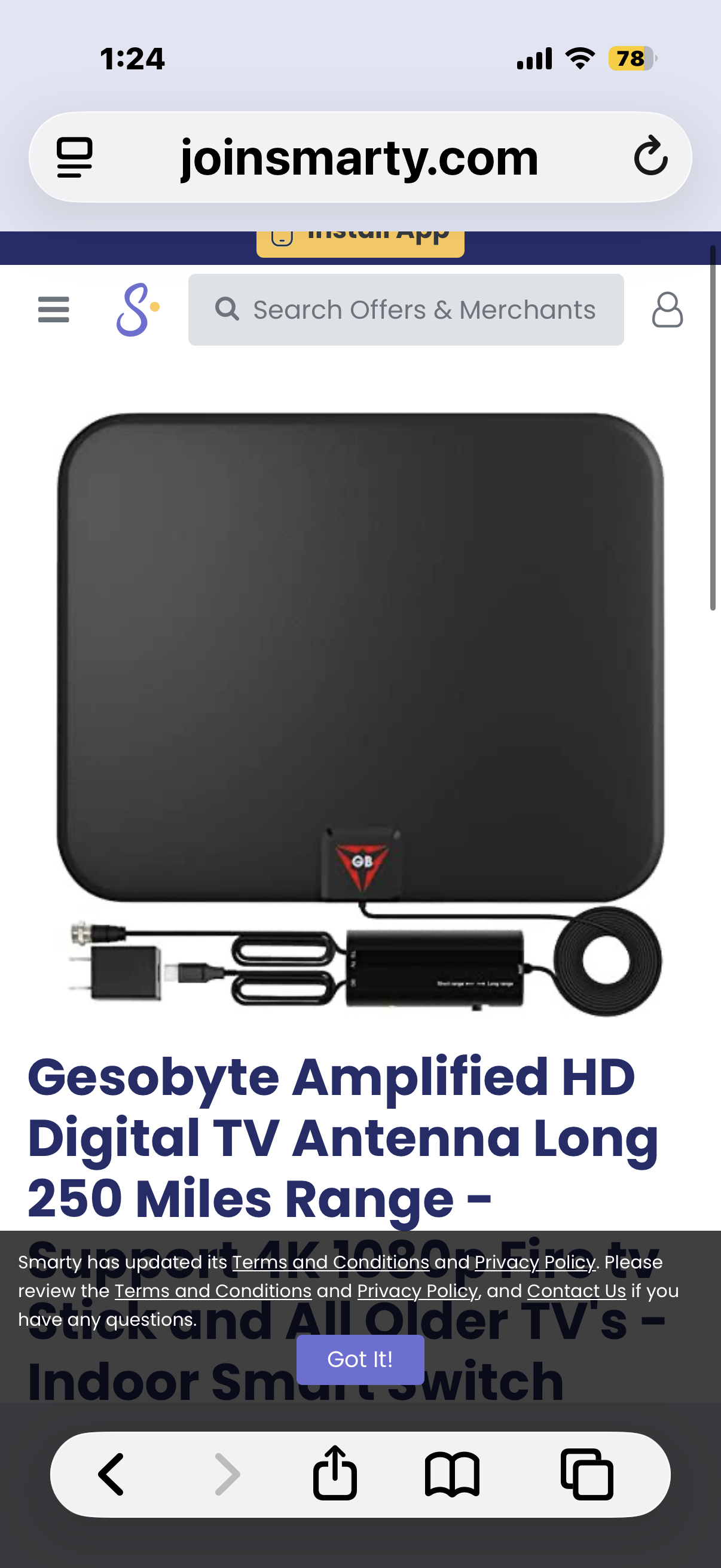 Gesobyte 250+ Mile Amplified HD TV Antenna - Supports 4K, 1080p - Smart Amplifier, 18 Cable Newitem