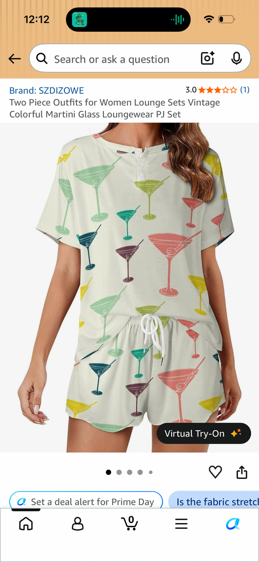 Two Piece Outfits for Women Lounge Sets Vintage Colorful Martini Glass Loungewear PJ Set (Size Large)