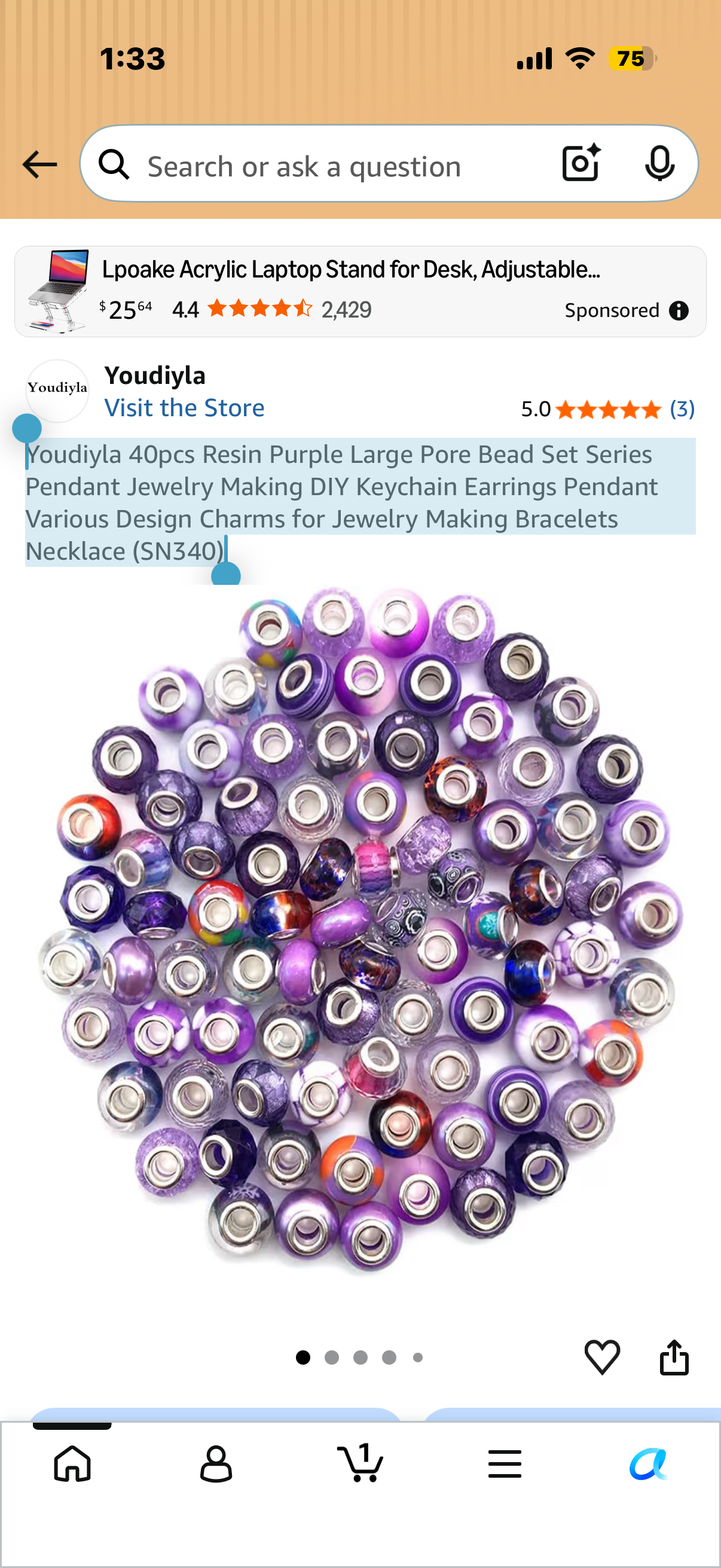 40pcs Resin Purple Large Pore Bead Set Series Pendant Jewelry Making DIY Keychain Earrings Pendant Various Design Charms for Jewelry Making Bracelets Necklace