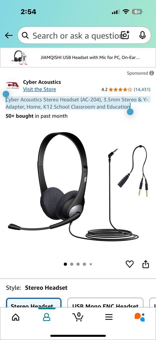 Cyber Acoustics Stereo Headset (AC-204), 3.5mm Stereo & Y-Adapter, Home, K12 School Classroom and Education