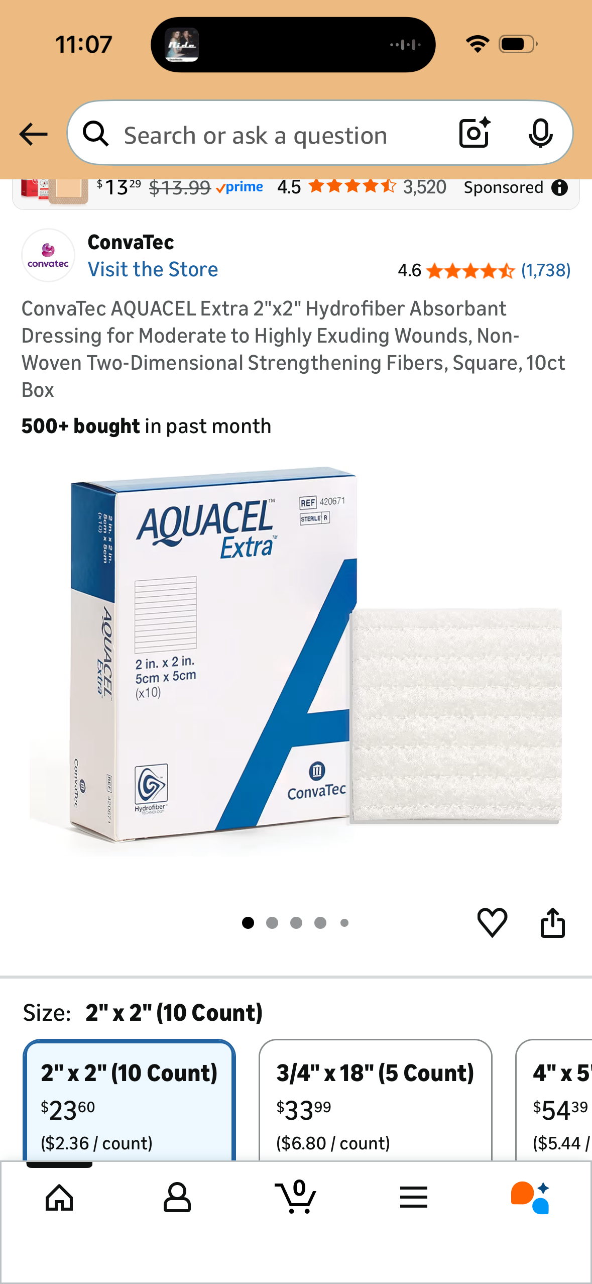 ConvaTec AQUACEL Extra 2"x2" Hydrofiber Absorbant Dressing for Moderate to Highly Exuding Wounds, Non-Woven Two-Dimensional Strengthening Fibers, Square, 10ct Box