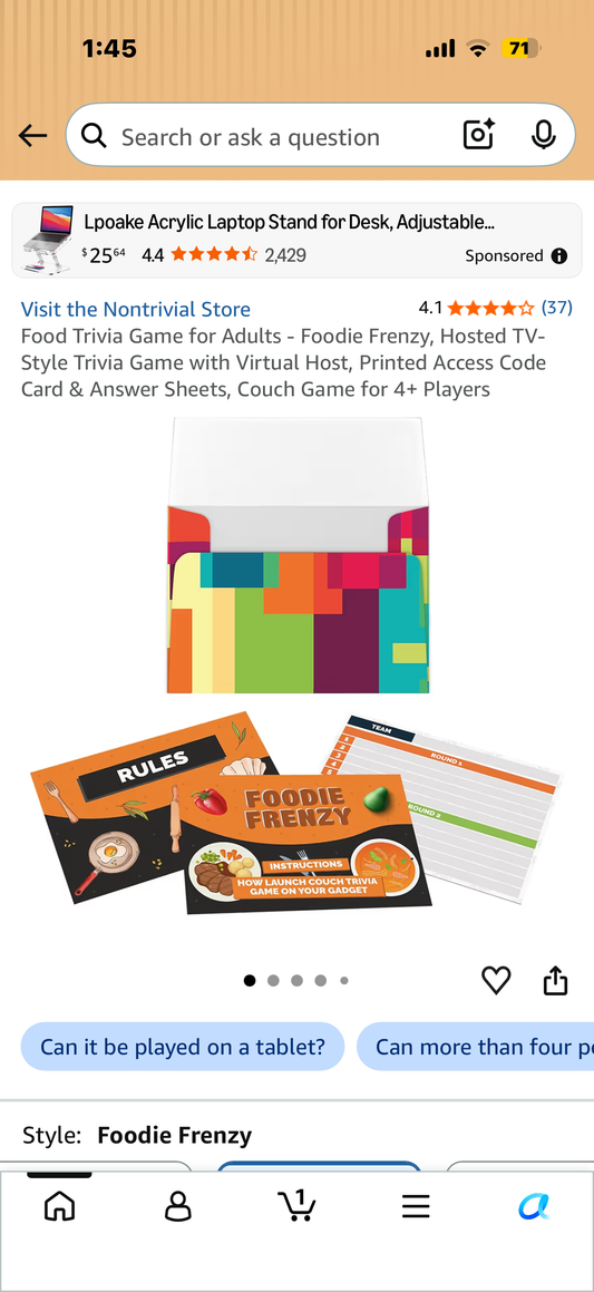 Food Trivia Game for Adults - Foodie Frenzy, Hosted TV-Style Trivia Game with Virtual Host, Printed Access Code Card & Answer Sheets, Couch Game for 4+ Players