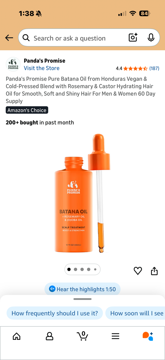 Panda's Promise Pure Batana Oil from Honduras Vegan & Cold-Pressed Blend with Rosemary & Castor Hydrating Hair Oil for Smooth, Soft and Shiny Hair For Men & Women 60 Day Supply