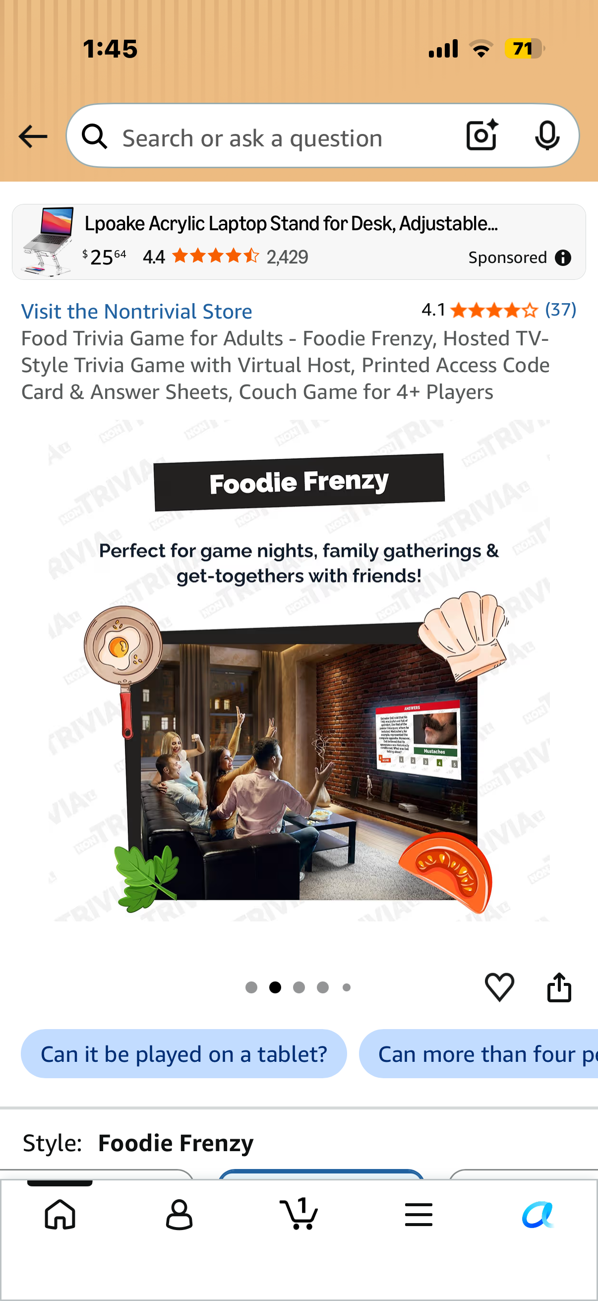 Food Trivia Game for Adults - Foodie Frenzy, Hosted TV-Style Trivia Game with Virtual Host, Printed Access Code Card & Answer Sheets, Couch Game for 4+ Players