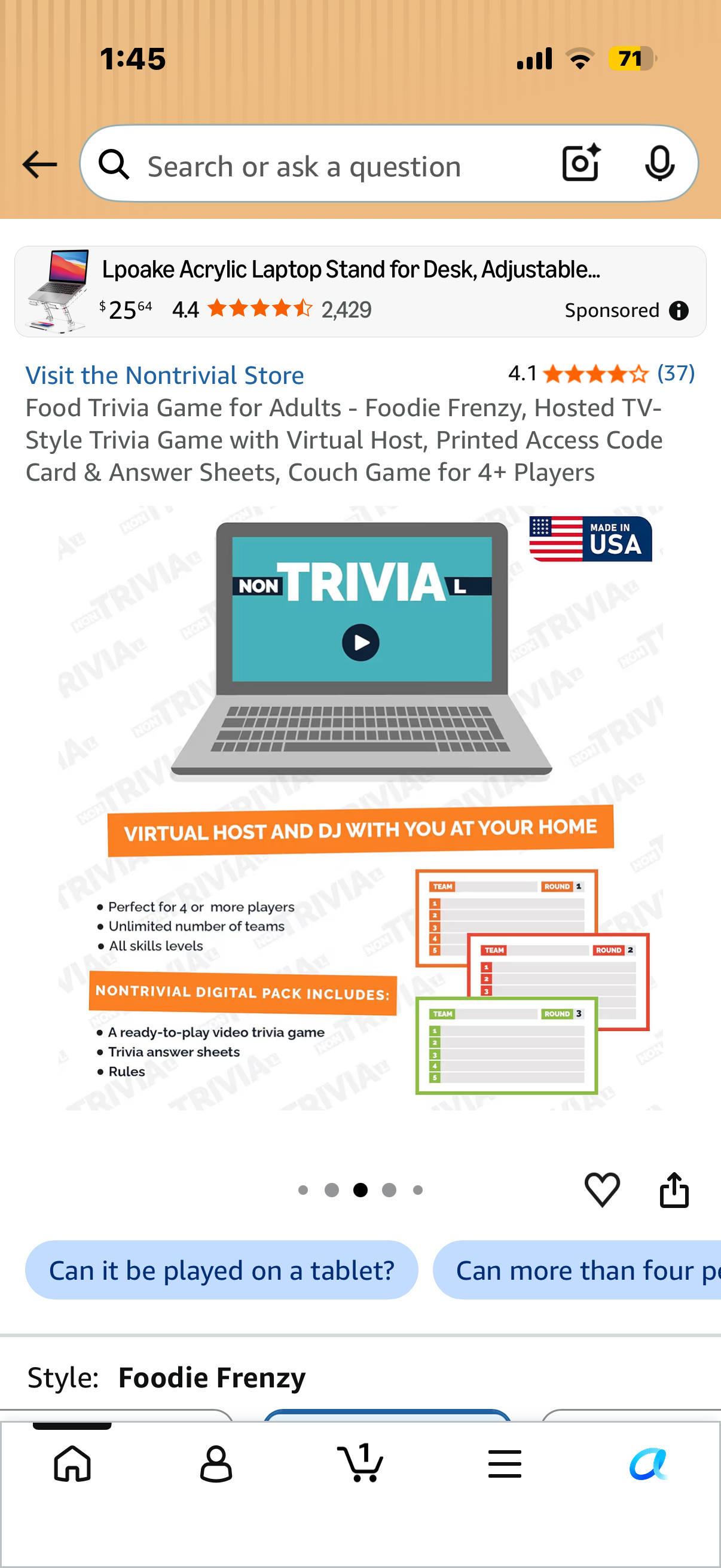Food Trivia Game for Adults - Foodie Frenzy, Hosted TV-Style Trivia Game with Virtual Host, Printed Access Code Card & Answer Sheets, Couch Game for 4+ Players