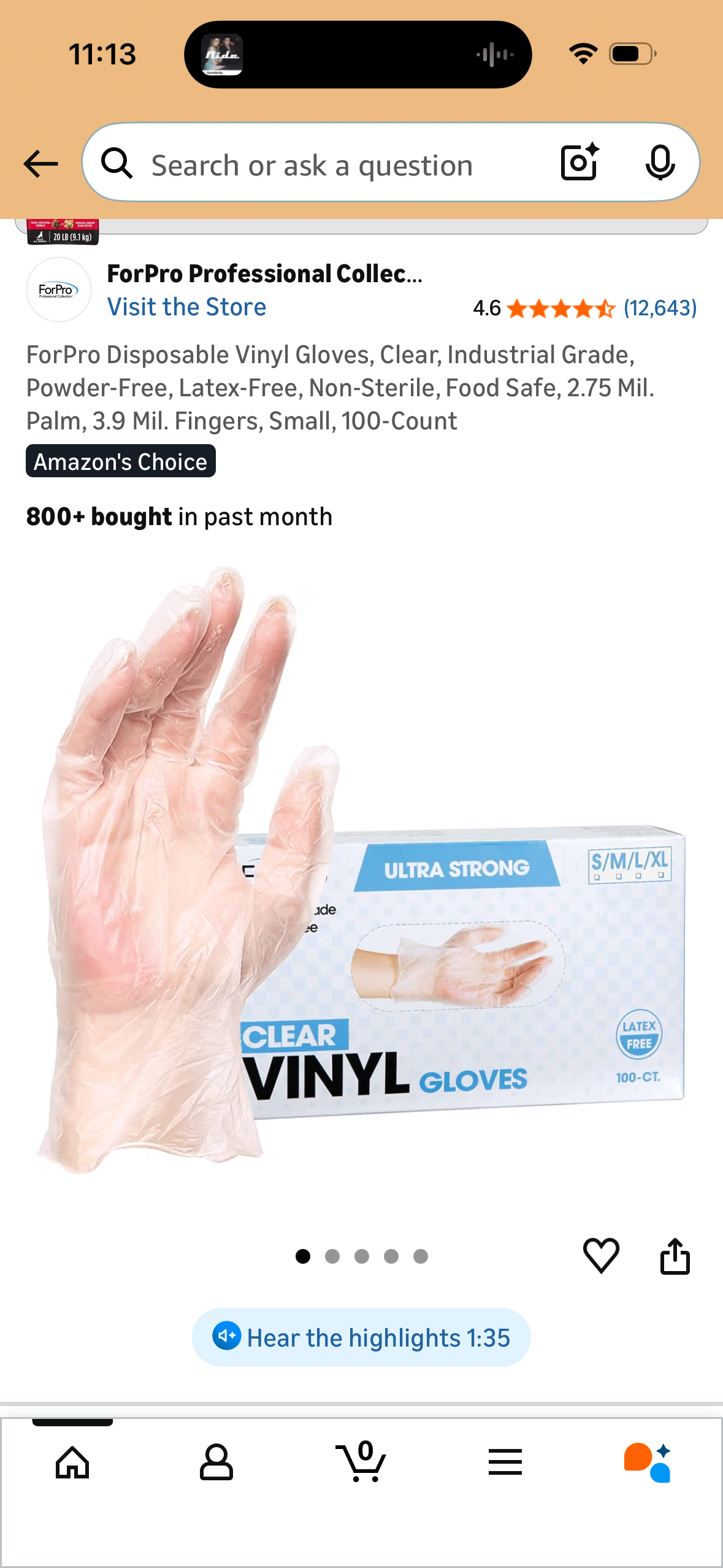 ForPro Disposable Vinyl Gloves, Clear, Industrial Grade, Powder-Free, Latex-Free, Non-Sterile, Food Safe, 2.75 Mil. Palm, 3.9 Mil. Fingers, Small, 100-Count