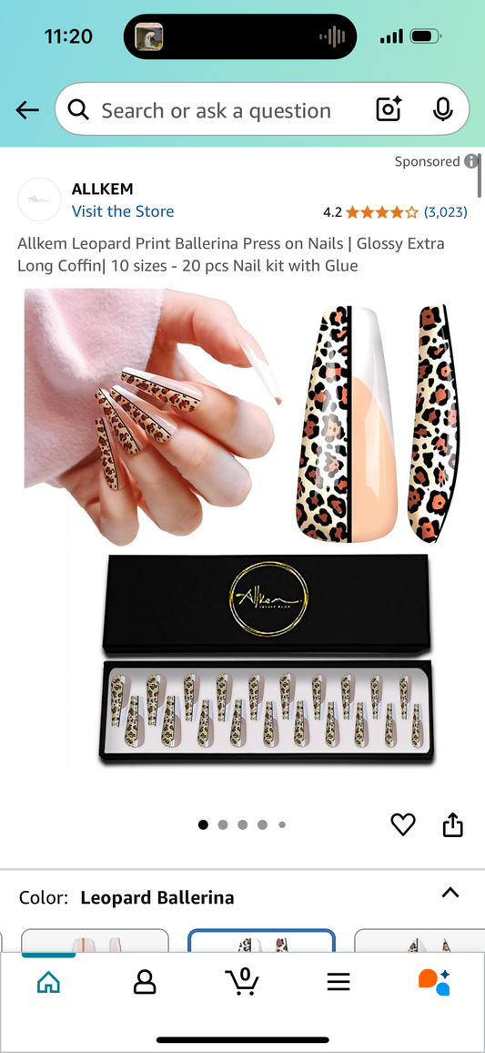 ‼️2 for $4‼️ Allkem Leopard Print Ballerina Press on Nails | Glossy Extra Long Coffin| 10 sizes - 20 pcs Nail kit with Glue