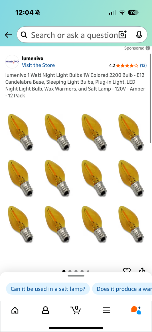 lumenivo 1 Watt Night Light Bulbs 1W Colored 2200 Bulb - E12 Candelabra Base, Sleeping Light Bulbs, Plug-in Light, LED Night Light Bulb, Wax Warmers, and Salt Lamp - 120V - Amber - 12 Pack