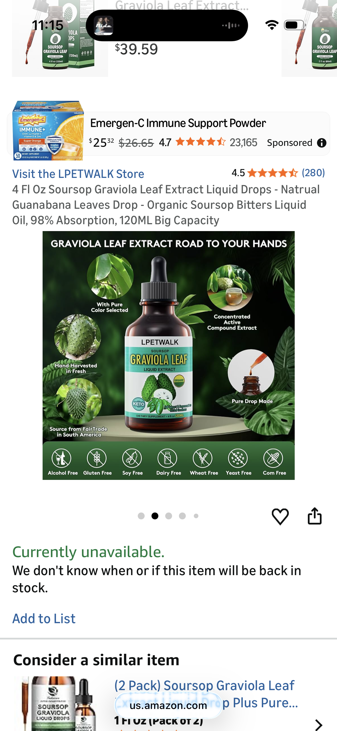 4 Fl Oz Soursop Graviola Leaf Extract Liquid Drops - Natrual Guanabana Leaves Drop - Organic Soursop Bitters Liquid Oil, 98% Absorption, 120ML Big Capacity
