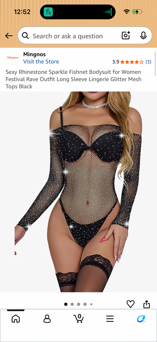 Sexy Rhinestone Sparkle Fishnet Bodysuit for Women Festival Rave Outfit Long Sleeve Lingerie Glitter Mesh Tops Black