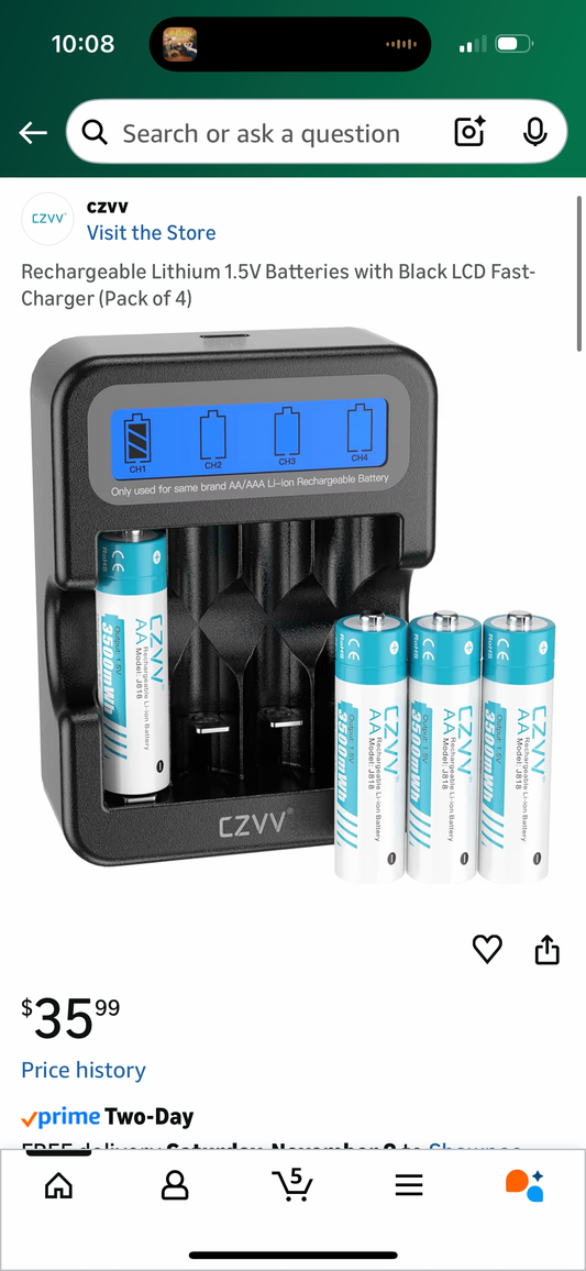 Rechargeable Lithium 1.5V Batteries with Black LCD Fast-Charger (Pack of 4)