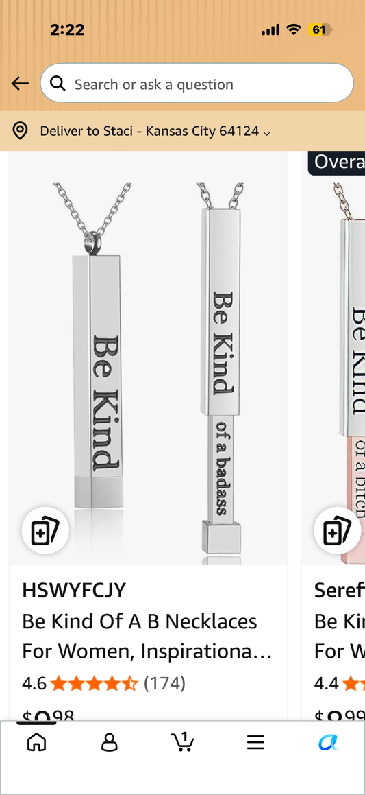 Be Kind Of A B Necklaces For Women, Inspirational Vertical Bar Square Tubes Pendant With Hidden Message Stainless Steel Band Friendship Funny Hilarious Sarcastic Jewelry