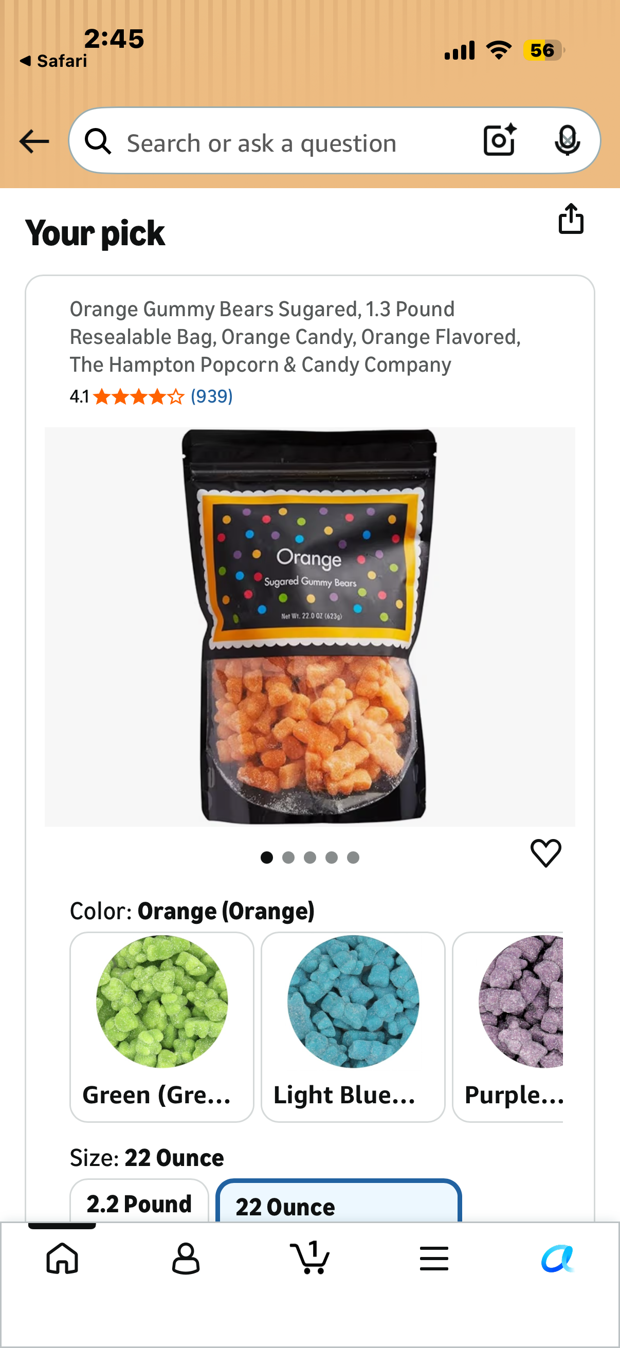 Orange Gummy Bears Sugared, 1.3 Pound Resealable Bag, Orange Candy, Orange Flavored, The Hampton Popcorn & Candy Company