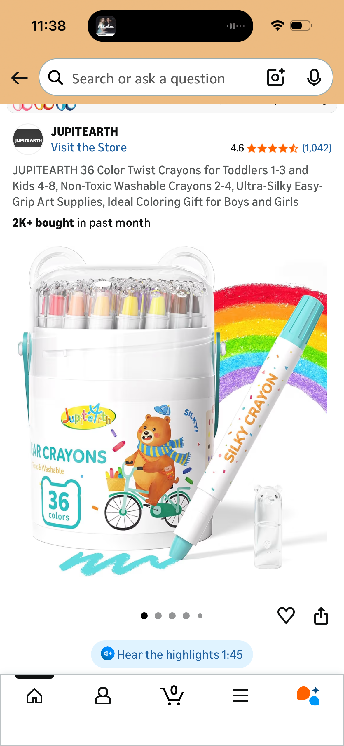 JUPITEARTH 36 Color Twist Crayons for Toddlers 1-3 and Kids 4-8, Non-Toxic Washable Crayons 2-4, Ultra-Silky Easy-Grip Art Supplies, Ideal Coloring Gift for Boys and Girls